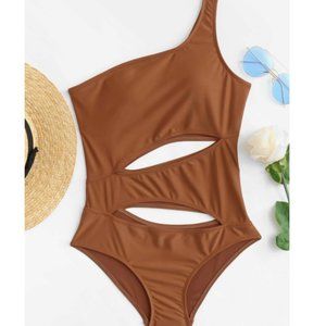 L One Shoulder Brown One Piece Cut Out Swimsuit